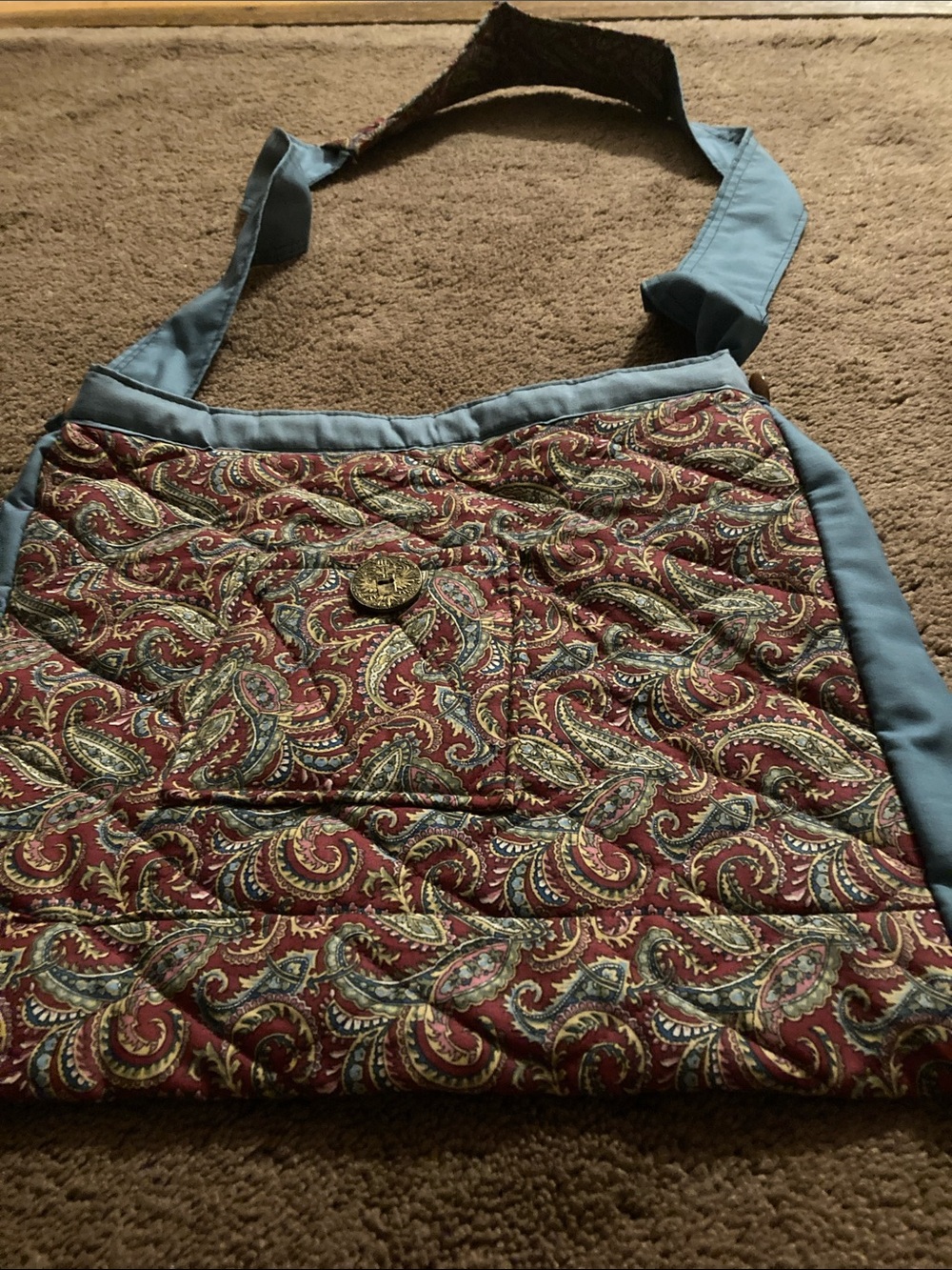 Quilted Paisley Shoulder Bag in Burgundy and Light Blue